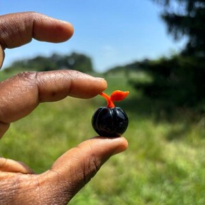 以下が含まれることがあります： 光沢のある滑らかな表面を持つ、小さなカボチャや果物のような形の黒いガラス製の置物。暗い球体の本体の中央上部から、鮮やかなオレンジ色の茎と一枚の葉が上に向かって伸びているデザインが特徴的である。