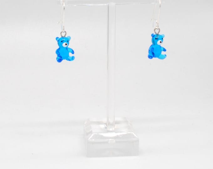 One pair of Miniature Glass Aqua Bear Earrings