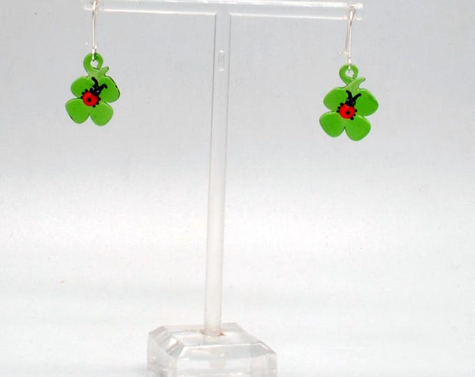 One pair of Miniature Glass Ladybug on Clover Earrings