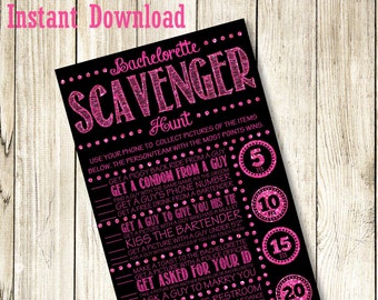 INSTANT DOWNLOAD - Bachelorette Party or Hens Party Game - Scavenger Hunt black and pink Glitter