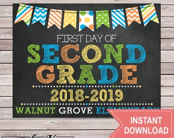 First Day of 2nd Grade Sign - blue green orange yellow - Walnut Grove Elementary - Chalkboard - Printable - Instant Download