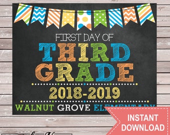 First Day of 3rd Grade Sign - blue green orange yellow - Walnut Grove Elementary - Chalkboard - Printable - Instant Download