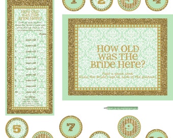 Instant download -  Bridal Shower / Bachelorette Party Game - How old is the bride here - MINT GOLD -  10X8" Frame Opening