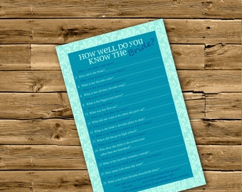 INSTANT DOWNLOAD- Blue Turqoise Damask Printable Wedding Bridal Shower Game - How Well Do you Know the Bride?
