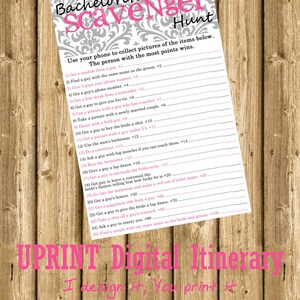INSTANT DOWNLOAD - Bachelorette Party or Hens Party Game - Scavenger Hunt Pink Damask