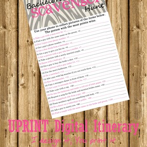 INSTANT DOWNLOAD - Bachelorette Party or Hens Party Game - Scavenger Hunt Pink Zebra