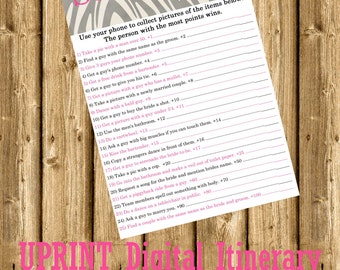 INSTANT DOWNLOAD - Bachelorette Party or Hens Party Game - Scavenger Hunt Pink Zebra