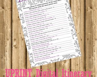 INSTANT DOWNLOAD - Bachelorette Party or Hens Party Game - Scavenger Hunt Purple Damask