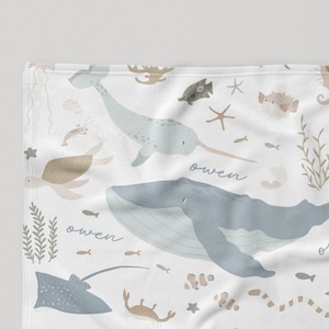 Sea Life, Ocean Animals Blanket, Custom Name, Personalized, Plush, Sherpa Blanket, Custom, New Mom Baby Shower Gift