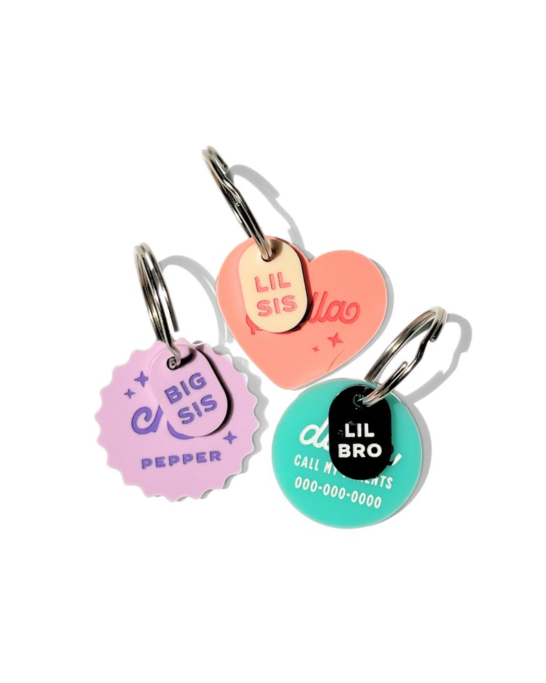 Custom Pet ID Name Tags, with emergency contact information, Lil Sis, Big Sis, Tags, Microchip Tags, Personalized Name Tags for Dogs, Silent Tags