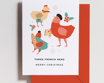 Cute Christmas Card 2023 - Happy Holidays Card - Three French Hens - 12 Days of Christmas - Advent - Funny - Simple - Christmas Card