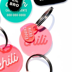 May include: Four colorful pet ID tags with key rings. The tags are round and have white text on a colored background. The tags read "Lil Bro", "Call Parents 000-000-0000", "Chili", and "Chili Micro Chipped".