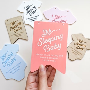 Sleeping Baby Doorbell Hang Sign | New Baby Front Door | Do Not Disturb Knock or Ring Bell | Newborn Shower Gift | Acrylic | Wood