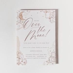 Over the Moon Baby Shower Invitation, Editable Invitation, Digital, Download, Neutral, Twins Moon, Star, Twinkle, Invite, Template, Templett