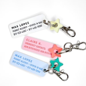 Kid&#39;s Info Keychain - In Case of Emergency Key Chain, Phone Number Backpack, School, Allergies, Emergency Contact, Keyring Personalized Kids