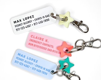 Kid&#39;s Info Keychain - In Case of Emergency Key Chain, Phone Number Backpack, School, Allergies, Emergency Contact, Keyring Personalized Kids