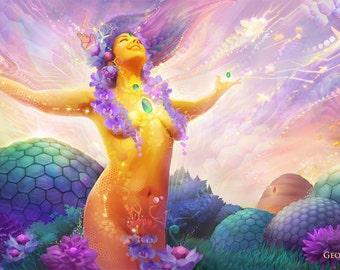 Pollenectar - Giclee Canvas Painting - Goddess, Spring, Purple, Domes, Permaculture 48"x24"