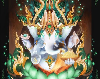 Galactik Ganesh -Thai Ganesh Hindu Diety Painting - Ganesha digital art on canvas 48"x38"