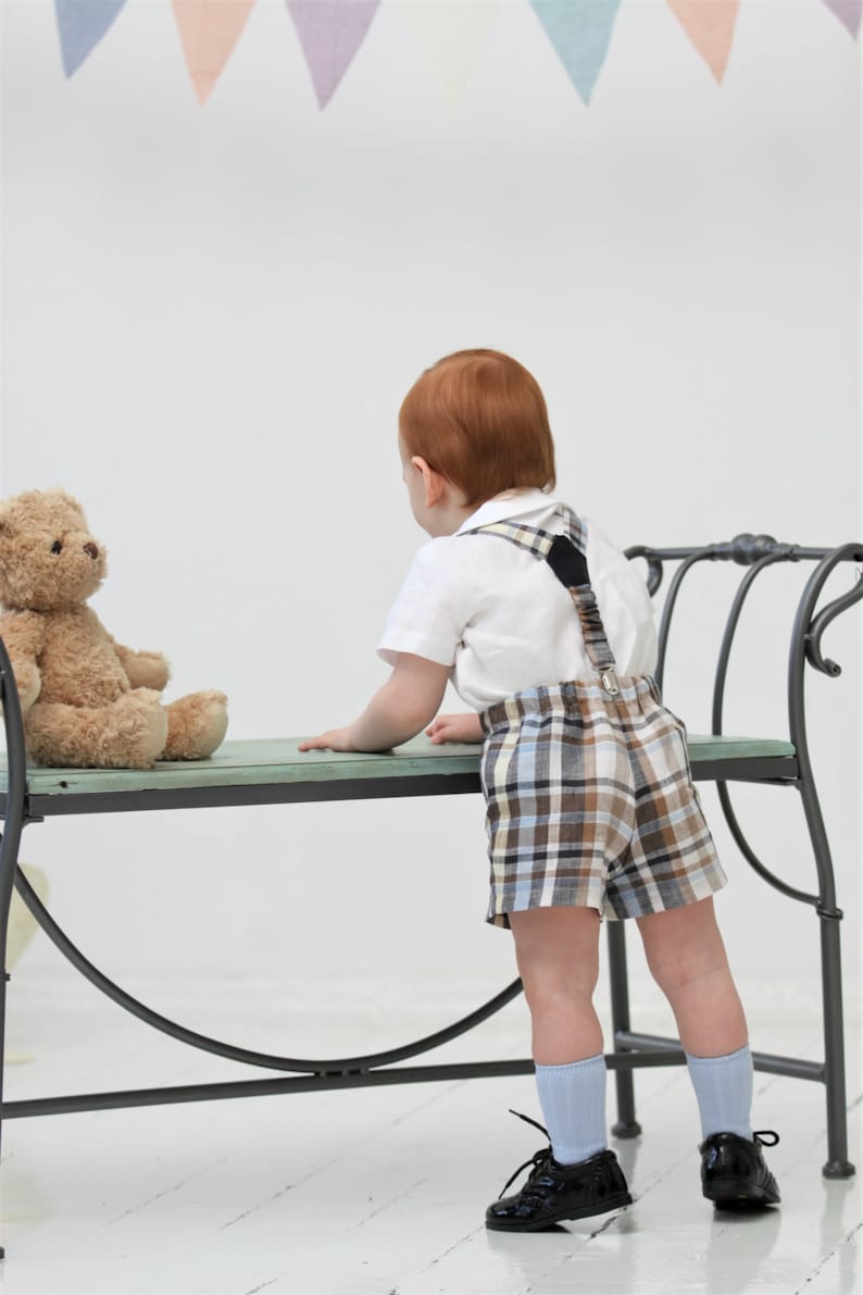 Baby boy outfit Baby boy shorts and suspender set Baby boy baptism outfit Baby boy 1st birthday outfit Baby shorts Blue and brown checkered