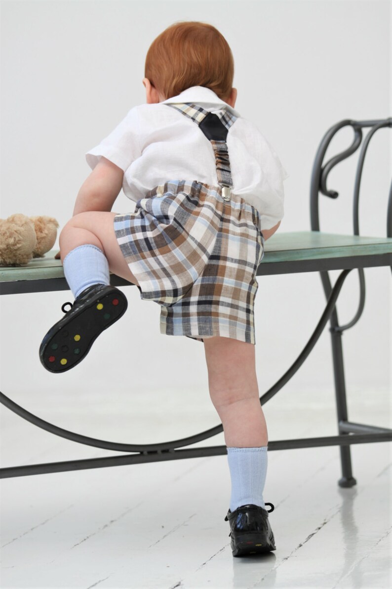 Baby boy outfit Baby boy shorts and suspender set Baby boy baptism outfit Baby boy 1st birthday outfit Baby shorts Blue and brown checkered