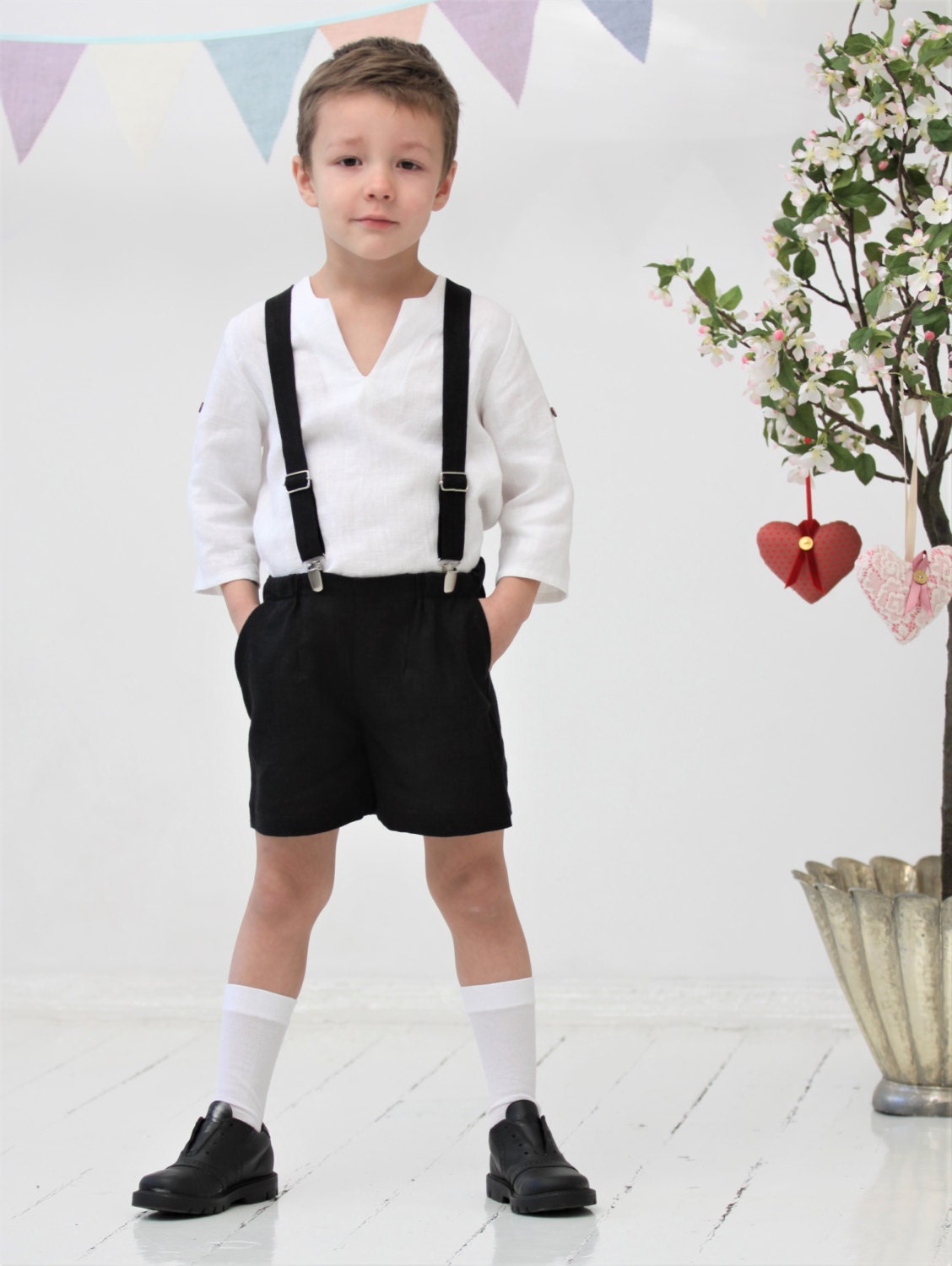 Boys shorts Toddler boy linen shorts and suspender set Black Etsy