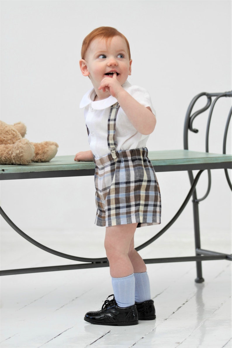Baby boy outfit Baby boy shorts and suspender set Baby boy baptism outfit Baby boy 1st birthday outfit Baby shorts Blue and brown checkered