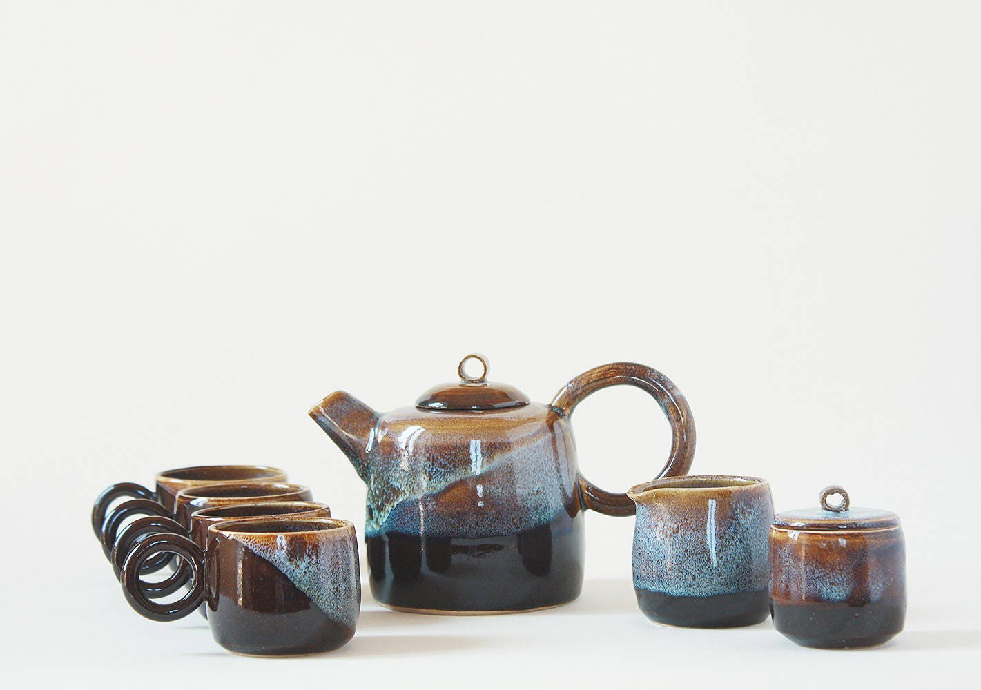 7 Piece Tea Set Handmade Ceramic Stoneware Tenmoku and Chun Etsy