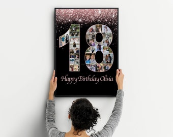Rose Gold 18th Birthday Photo Collage Poster, Glitter Number 18 Photo Collage Gift For Her, 18th Birthday Sign Digital Printable