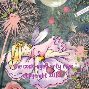 May include: A watercolour illustration of a fairy sleeping on a purple flower with pink petals. The fairy has blonde hair, a pink dress, and wings. The background is a dark blue with stars and a moon.