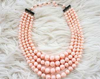 1960s Chunky Multi Strand Necklace Orange Green Silver Beads Vintage Lucite Vtg