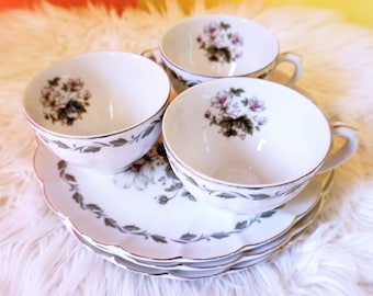 Laurel China Porcelain 6 piece set floral Tea cups and snack trays - tea party cup set