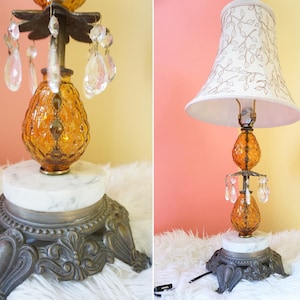 Vintage Hollywood Regency Glass Globe Brass Detailed Filigree bottom Base MId Century Amber Glass Ball lamp - Crystal