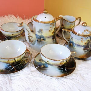 Vintage Stunning Japanese Hand painted Peaceful scene Nippon Tea set - 13 Piece set