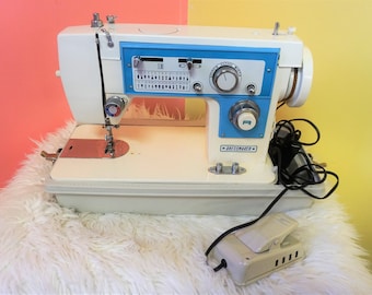 Blue White RETRO Dressmake fully serviced straight to zigzag stitch with cam options sewing machine in case