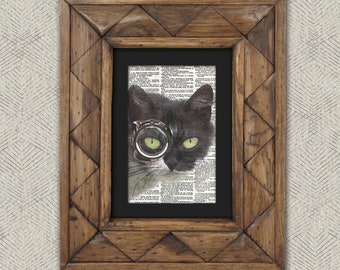 Dictionary Print, Steampunk Cat Print: Watchful Black & White Cat in Monocle, Steampunk Cat Artwork - Great Gift for Cat Lovers!