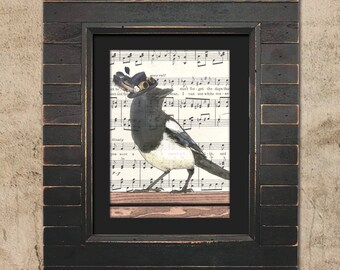 Music Print: Songbird - Magpie in Top Hat, Bird Art Print - Great Gift for Bird Lovers!