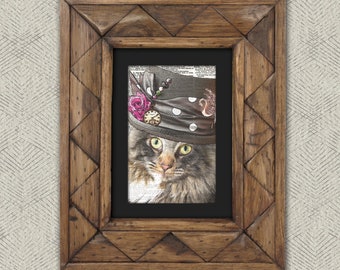 Dictionary Print: Pious Norwegian Forest Cat in Top Hat, Steampunk Cat Artwork - Great Gift for Cat Lovers!