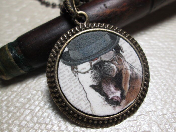 Steampunk Dog Necklace Laughing Bulldog Bronze Round Chain Etsy
