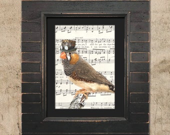 Music Print: Songbird - Steampunk Zebra Finch Songbird in Top Hat, Steampunk Bird Art - Great Gift for Bird Lovers!
