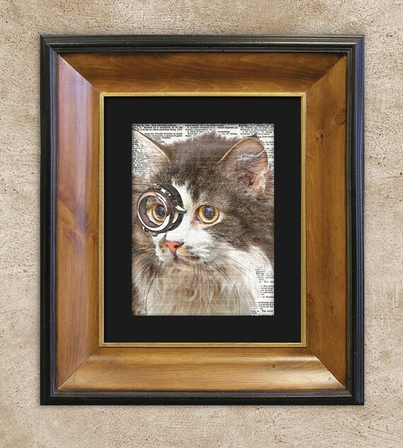 Dictionary Print Cautious Long Hair Tabby Cat In Top Hat Etsy