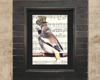 Music Print: Songbird - Steampunk Hawfinch in Top Hat - Great Gift for Bird Lovers!