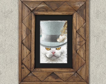 Dictionary Print: Provident White Selkirk Cat In Top Hat, Steampunk Cat Artwork - Great Gift for Cat Lovers!