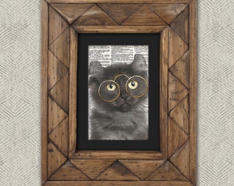 Dictionary Print: Sophic American Curl Cat in Vintage Eyewear, Steampunk Cat Art Print - Great Gift for Cat Lovers!