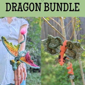 May include: The image showcases a crochet dragon bundle. One dragon is held by a person, featuring green, yellow, orange, and pink wings. The other dragon is perched on a branch, with orange body and green wings. The text "DRAGON BUNDLE" is at the top.