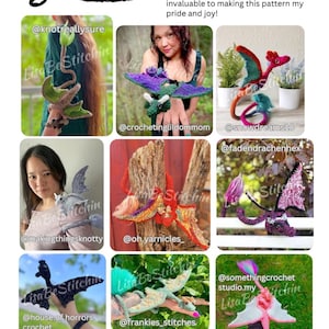May include: A collage of nine crochet dragon figures in various colours including green, red, purple, black, and pink. The text Tester Gallery appears at the top, followed by a thank you note to testers. Each dragon features wings and a long tail.