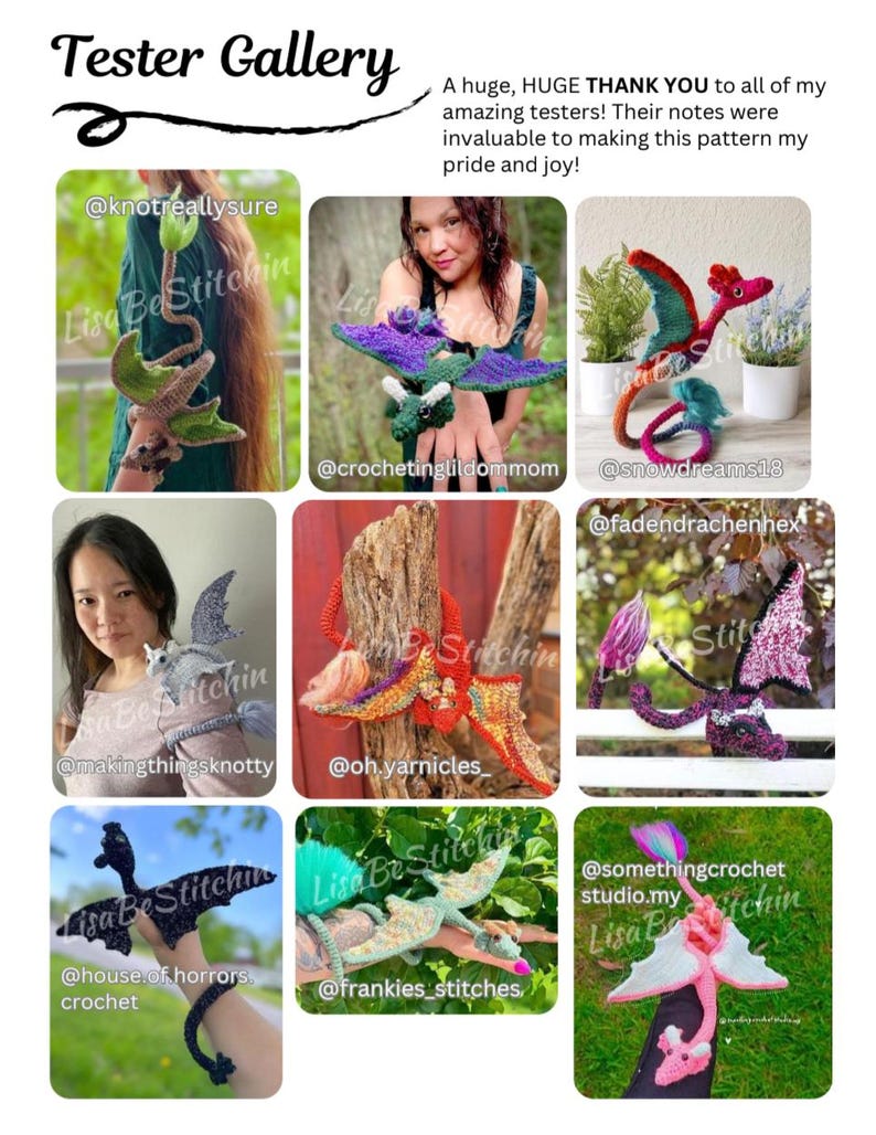 May include: A collage of nine crochet dragon figures in various colours including green, red, purple, black, and pink. The text Tester Gallery appears at the top, followed by a thank you note to testers. Each dragon features wings and a long tail.