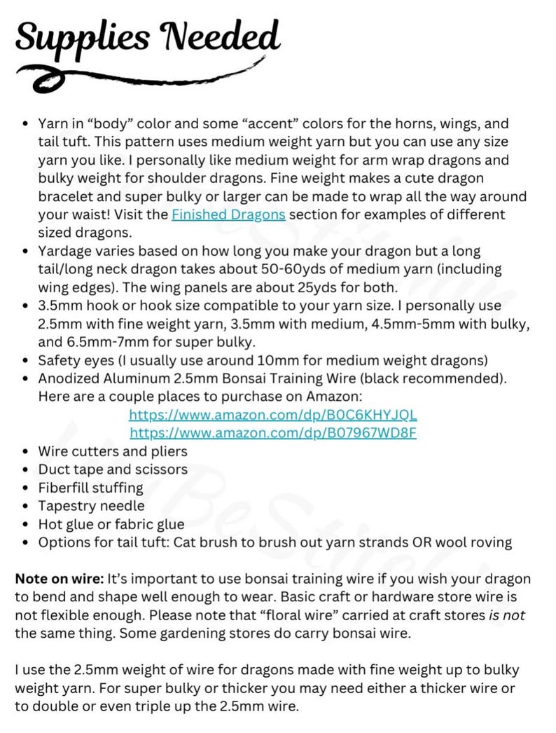 May include: A document titled Supplies Needed listing materials for a craft project, including yarn, a 3.5mm hook, 10mm safety eyes, 2.5mm anodised aluminium bonsai training wire, wire cutters, pliers, duct tape, scissors, fibre-fill, and a tapestry needle.