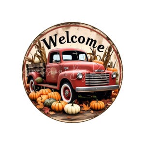 Cartello di benvenuto con ghirlanda di camion vecchio in formato PNG a sublimazione, design di ghirlanda autunnale rotonda, appendino per porta o parete, download digitale, stampabile, DTF
