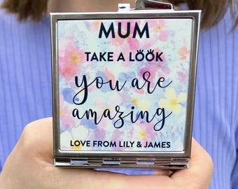 Personalised Custom Mum/Mummy Compact Mirror, Personalised Custom Floral Compact Mirror, Gift for Mum, Mother&#39;s Day Gift, Gift from Children