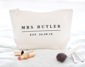 Personalised Mrs. Makeup Bag: Wedding Date Gift, Cotton Canvas